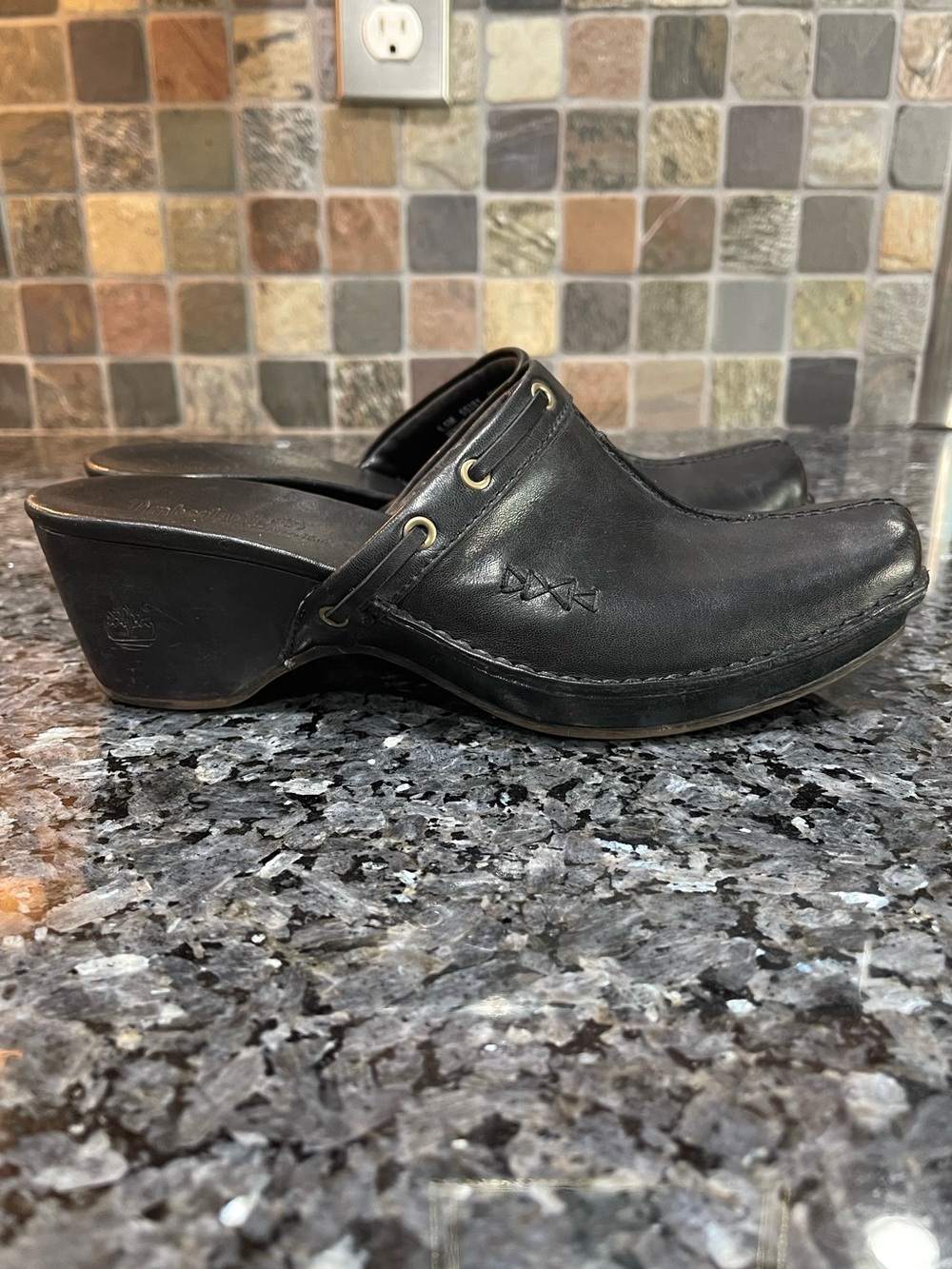 Timberland Comforia Black Leather Clog Mules 6.5